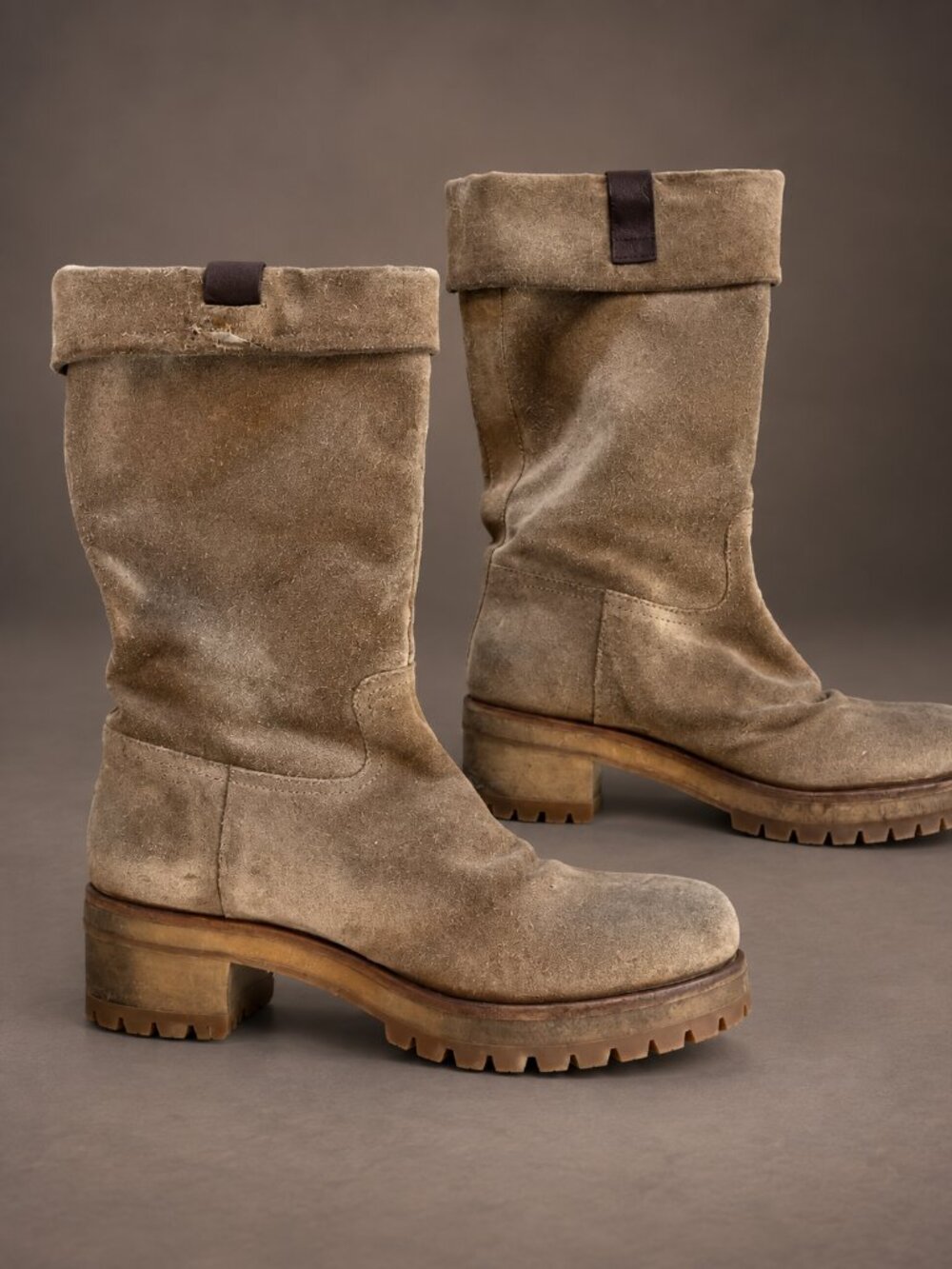 Prada Milano Suede Mid Calf Boots Tan Fold Over Cuff Lug Sole Pull On 35